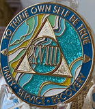 18 Year AA Medallion Elegant Caribbean Aqua Glitter Teal Marble Gold Sobriety Chip