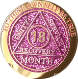 18 Month AA Medallion Reflex Pink Glitter Gold Plated Sobriety Chip