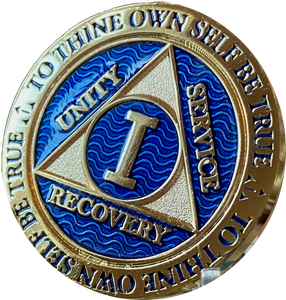1 Year AA Medallion Elegant Blue Gold Plated Sobriety Chip