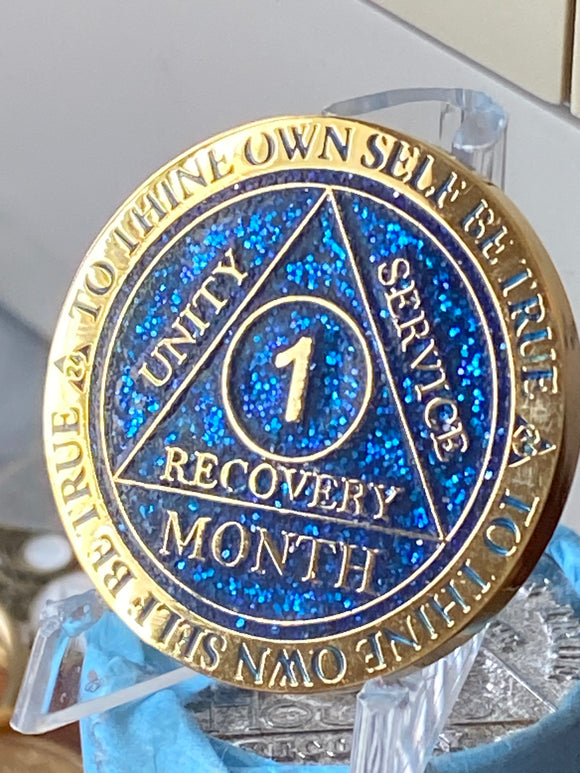 1 Month AA Medallion Blue Glitter Gold 30 Day Sobriety Chip Serenity Prayer Back