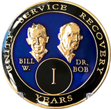 1 Year AA Founders medallion blue tri-plate front with Bill W and Dr Bob
