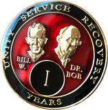 1 Year AA Founders Medallion Red Tri-Plate Sobriety Chip Bill W Doctor Bob Front