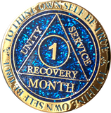 1 Month AA Medallion Reflex Blue Glitter Gold Plated 30 Day Sobriety Chip