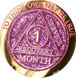 1 Month AA Medallion Reflex Pink Glitter Gold Plated 30 Day Sobriety Chip