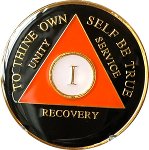 1 Year AA Medallion Orange Black Tri-Plate Sobriety Chip Serenity Prayer Back