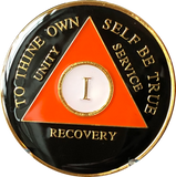 1 Year AA Medallion Orange Black Tri-Plate Sobriety Chip Serenity Prayer Back