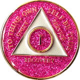 1 Year AA Tri-Plate Glitter Medallion Pink or Purple or Aqua Sobriety Chip