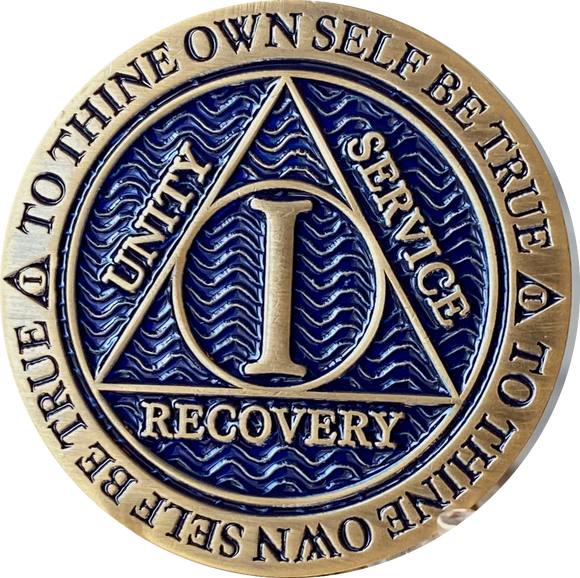 1 Year AA Medallion Antique Bronze and Reflex Blue Color Sobriety Medallion