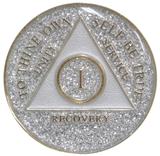 1 Year AA Tri-Plate Glitter Medallion Pink or Purple or Aqua Sobriety Chip
