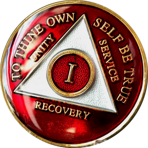 1 Year AA Medallion Metallic Red Tri-Plate Sobriety Chip Serenity Prayer Back