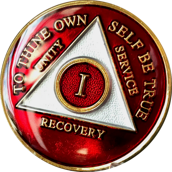 1 Year AA Medallion Metallic Red Tri-Plate Sobriety Chip Serenity Prayer Back