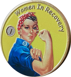 1 - 10 Year Women In Recovery Medallion Yellow Rosie Riveter Sobriety Chip