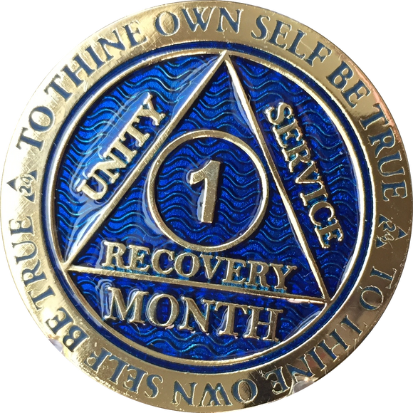1 Month AA Medallion Reflex Blue Gold Plated 30 Day Sobriety Chip