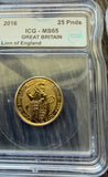 1/4 oz Gold Bullion Coin – Lion of England (.9999 Fine, MS65 Graded)