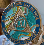 21 Year AA Medallion Elegant Caribbean Aqua Glitter Teal Marble Gold Sobriety Chip