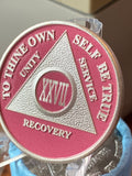 27 Year AA Medallion Pink Silver Plated Sobriety Chip Serenity Prayer Back