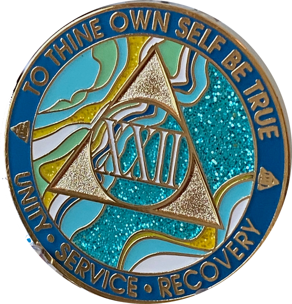 22 Year AA Medallion Elegant Caribbean Aqua Glitter Teal Marble Gold Sobriety Chip