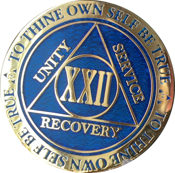 22 Year AA Medallion Reflex Blue Gold Plated Sobriety Chip