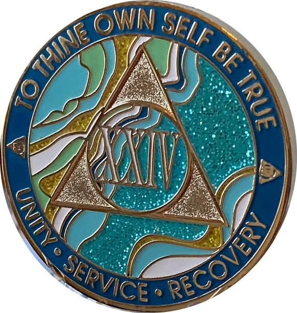 24 Year AA Medallion Elegant Caribbean Aqua Glitter Teal Marble Gold Sobriety Chip