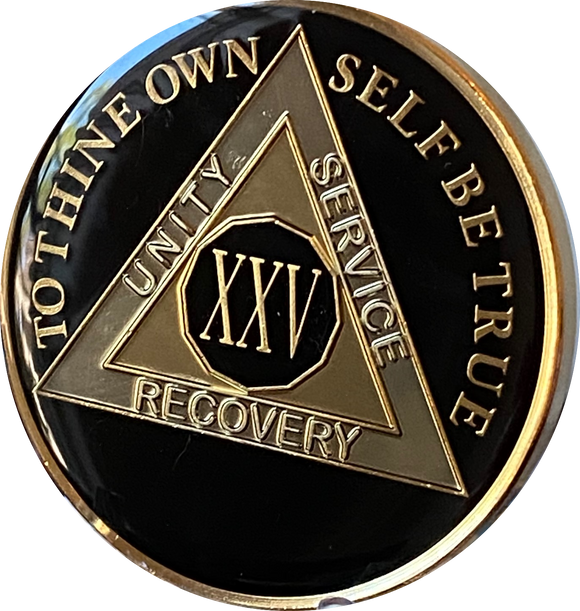 25 Year AA Medallion Glossy Classic Black Tri-Plate Sobriety Chip