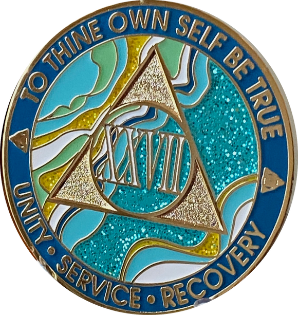 27 Year AA Medallion Elegant Caribbean Aqua Glitter Teal Marble Gold Sobriety Chip