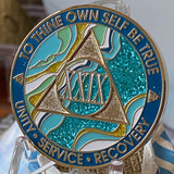 29 Year AA Medallion Elegant Caribbean Aqua Glitter Teal Marble Gold Sobriety Chip