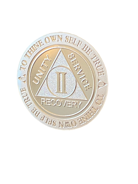 2 Year AA Medallion .999 Fine Silver 1 oz Sobriety Chip Serenity Prayer Back Elegant Design