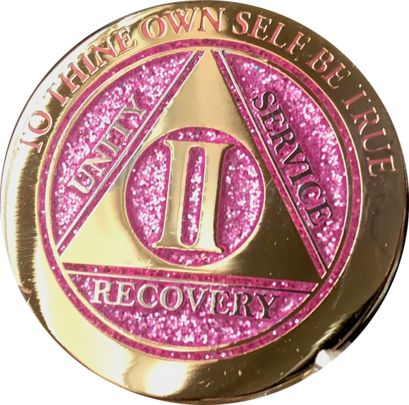 2 Year AA Medallion Elegant Glitter Pink Gold & Silver Plated Sobriety Chip