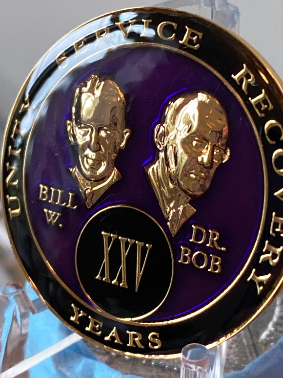 25 Year AA Founders Medallion Purple Tri-Plate Bill Bob Sobriety Chip