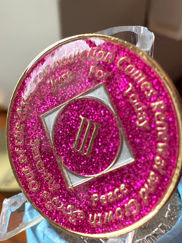 3 Year NA Style Clean Time Chip Pink Glitter Tri-Plate Medallion