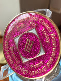 3 Year NA Style Clean Time Chip Pink Glitter Tri-Plate Medallion