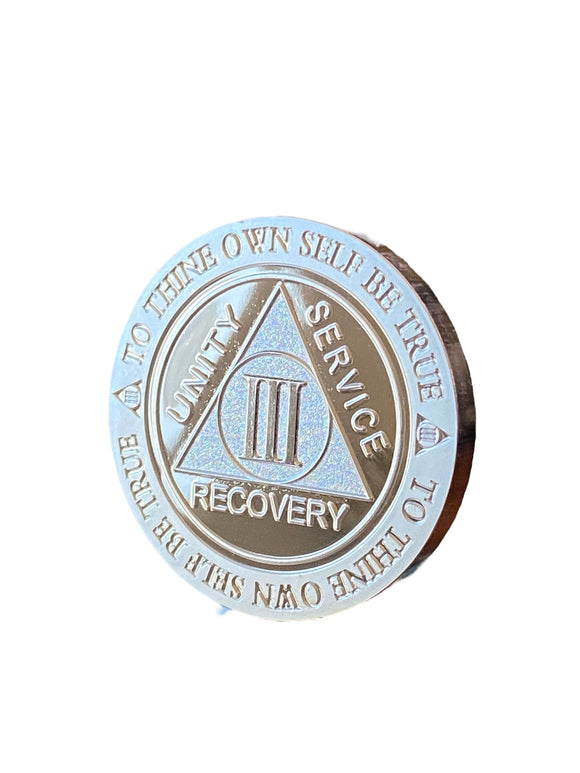 3 Year AA Medallion .999 Fine Silver 1oz Sobriety Chip Serenity Prayer Back Elegant Design
