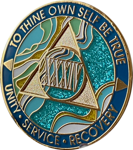 34 Year AA Medallion Elegant Caribbean Aqua Glitter Teal Marble Gold Sobriety Chip