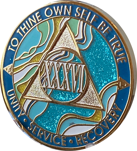 36 Year AA Medallion Elegant Caribbean Aqua Glitter Teal Marble Gold Sobriety Chip