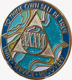 36 Year AA Medallion Elegant Caribbean Aqua Glitter Teal Marble Gold Sobriety Chip