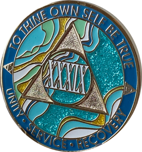 39 Year AA Medallion Elegant Caribbean Aqua Glitter Teal Marble Gold Sobriety Chip