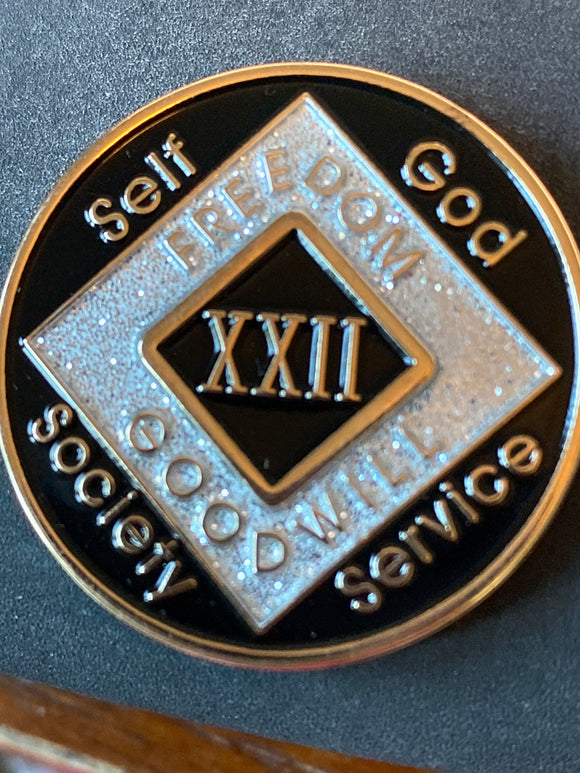 22 Year NA Clean Time Chip Black Silver Glitter Sobriety Medallion Official Narcotics Anonymous Coin