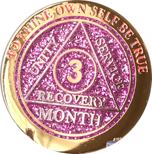 3 Month AA Medallion Reflex Pink Glitter Gold Plated 90 Day Sobriety Chip