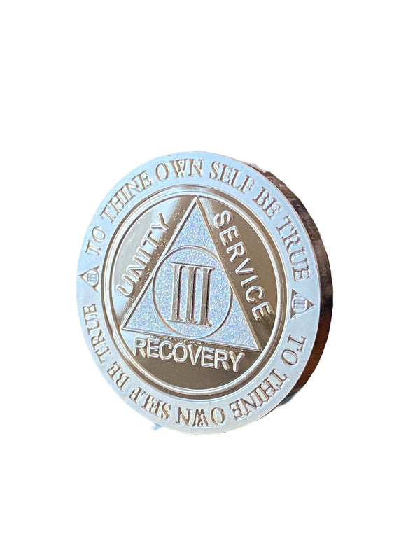 3 Year AA Medallion .999 Fine Silver 1 oz Sobriety Chip Serenity Prayer Back Elegant Design