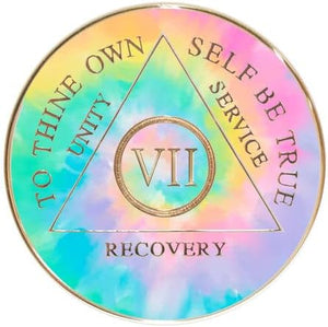 1 - 10 Year AA Medallion Psychic-Delic Rainbow Tie-Dye Tri-Plate Sobriety Chip
