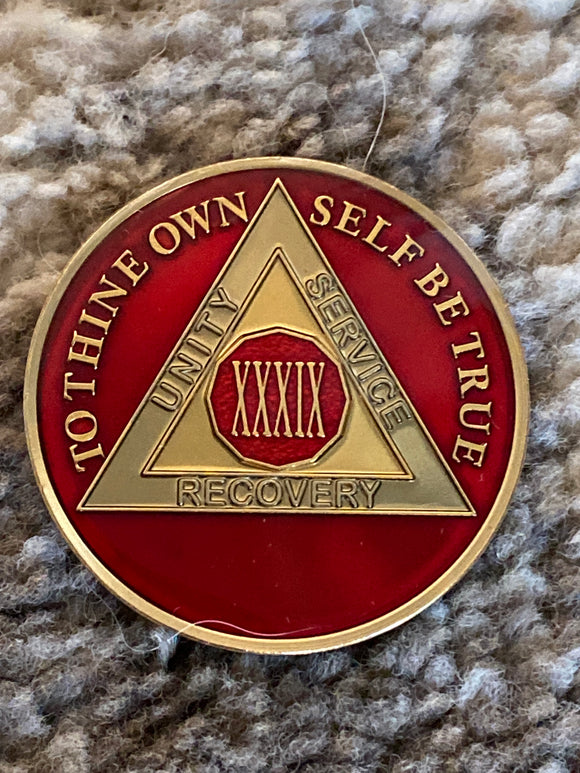 39 Year AA Medallion Metallic Mandarin Red Tri-Plate Sobriety Chip