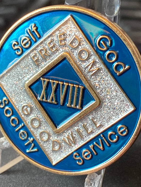 28 Year NA Clean Time Chip Blue Silver Glitter Narcotics Anonymous Medallion