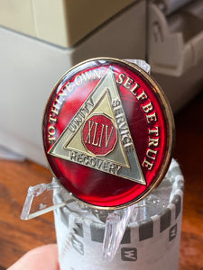 44 Year AA Medallion Metallic Mandarin Red Tri-Plate Sobriety Chip