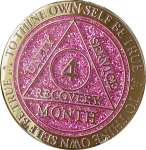 4 Month AA Medallion Reflex Pink Glitter Gold Plated Sobriety Chip
