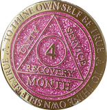 4 Month AA Medallion Reflex Pink Glitter Gold Plated Sobriety Chip