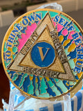 5 Year AA Medallion Hippie Tie Dye Pink Teal Sobriety Chip Serenity Prayer Back