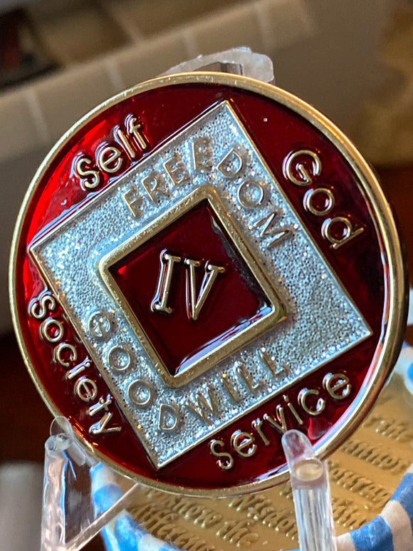 4 Year NA Clean Time Ship Red Silver Glitter Narcotics Anonymous Medallion