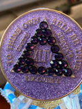 44 Year AA Medallion Purple Glitter Velvet Crystal Tri-Plate Sobriety Chip