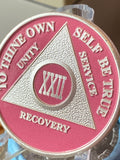 22 Year AA Medallion Pink Silver Plated Sobriety Chip Serenity Prayer Back