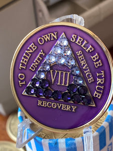 8 Year AA Medallion Purple Tri-plate Transition Crystal Sobriety Chip